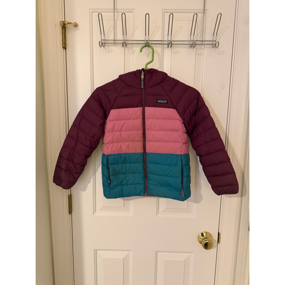 Patagonia Kids Reversible Down Sweater Hoody Jacket Pink Plum Teal Size S 7-8
